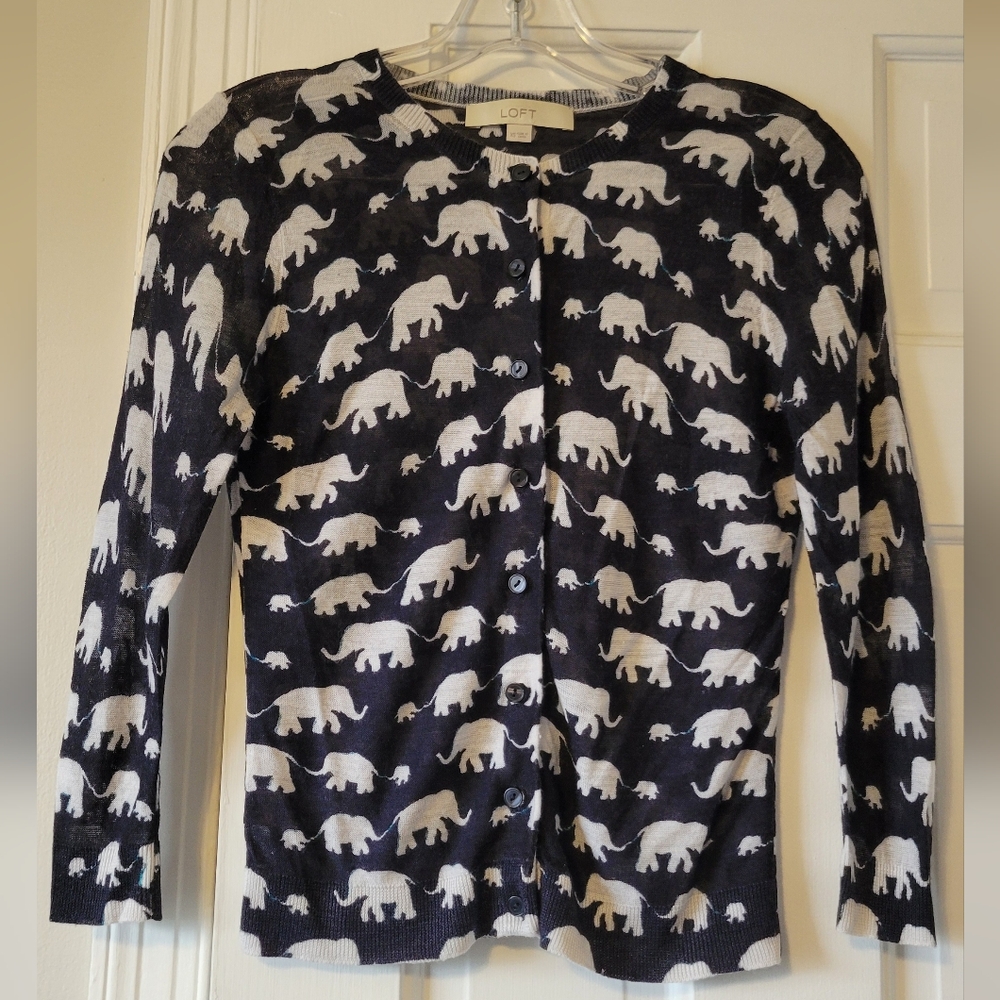 LOFT Navy and White Elephant Cardigan